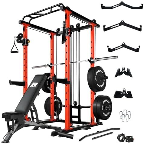RitFit Power Cage with Optional LAT PullDown/Cable Crossover/Smith Machine System, 1000LB Squat Rack for Home & Garage Gym, with Weight Storage Rack and More Training Attachments, ASTM-Certified 31