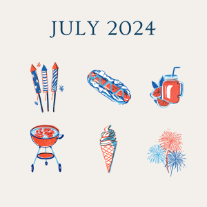 July 2024 with retro-like graphics that depict celebrating the 4th of July. There's fireworks, hot dog, fruit and fruit drink, a barbeque grill and an ice cream cone.